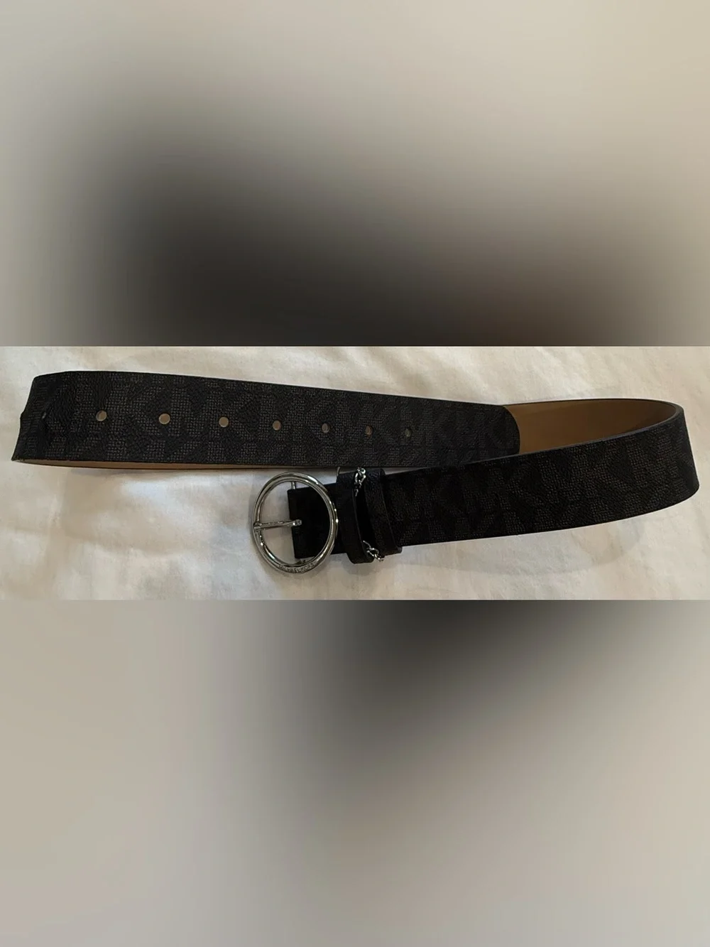 Michael Kors Black Textured Leather Belt with Round Silver Buckle